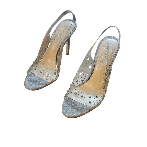 Jessica Simpson Silver Clear Glitter Slingback Heels Size 7 - Picture 2 of 14